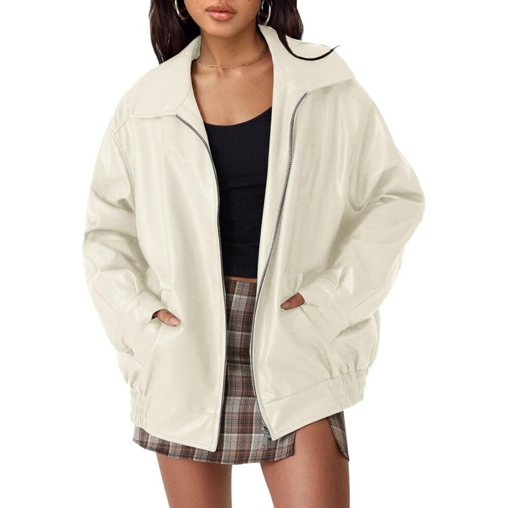 〽️Women's Beige Faux Leather Jacket Motorcycle Style Coat Stand-up Collar